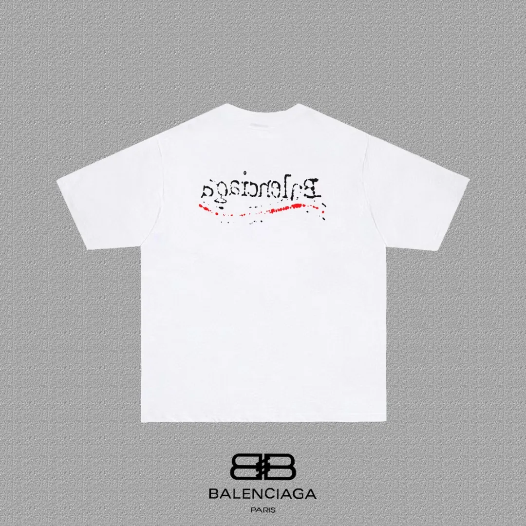 P80✨🔥 BALENCIAGA Paris lettering printed short-sleeved T-shirt, custom-woven and dyed 280g combed cotton heavyweight fabric, zero color difference in thread, perfect details, different from the current version on the market, welcome to compare, Same Style for men and women, must-sell in the picture above Color: White Black Size: 1 2 3 4